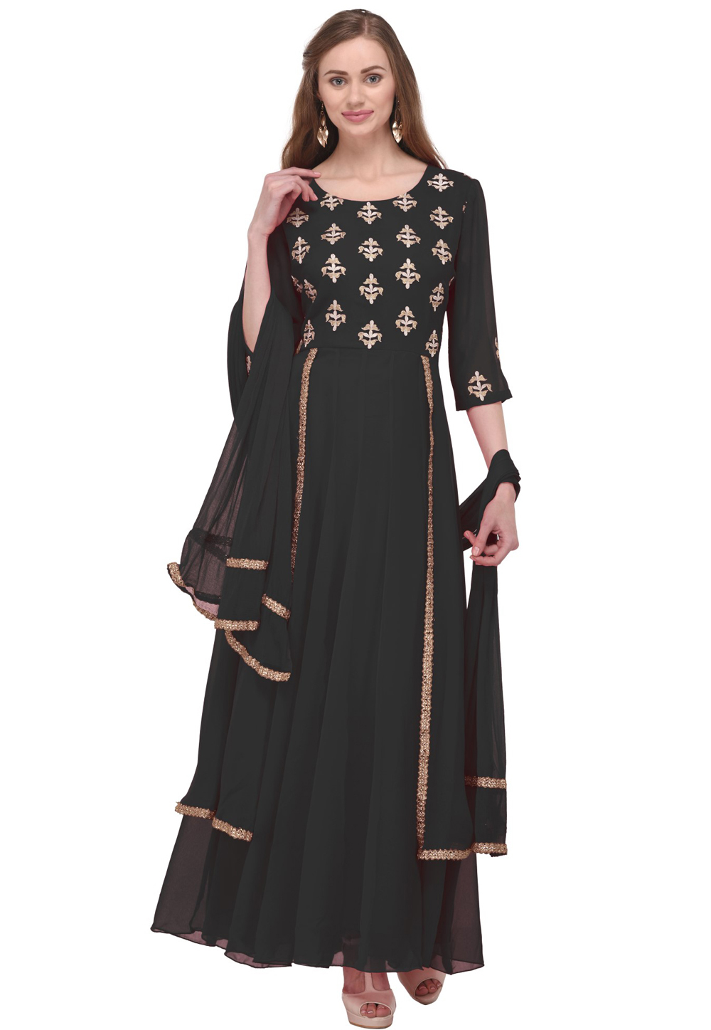 Black Georgette Readymade Long Anarkali Suit 241123