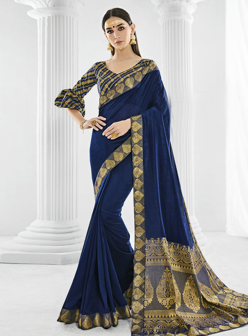 Navy Blue Silk Saree With Blouse 144504