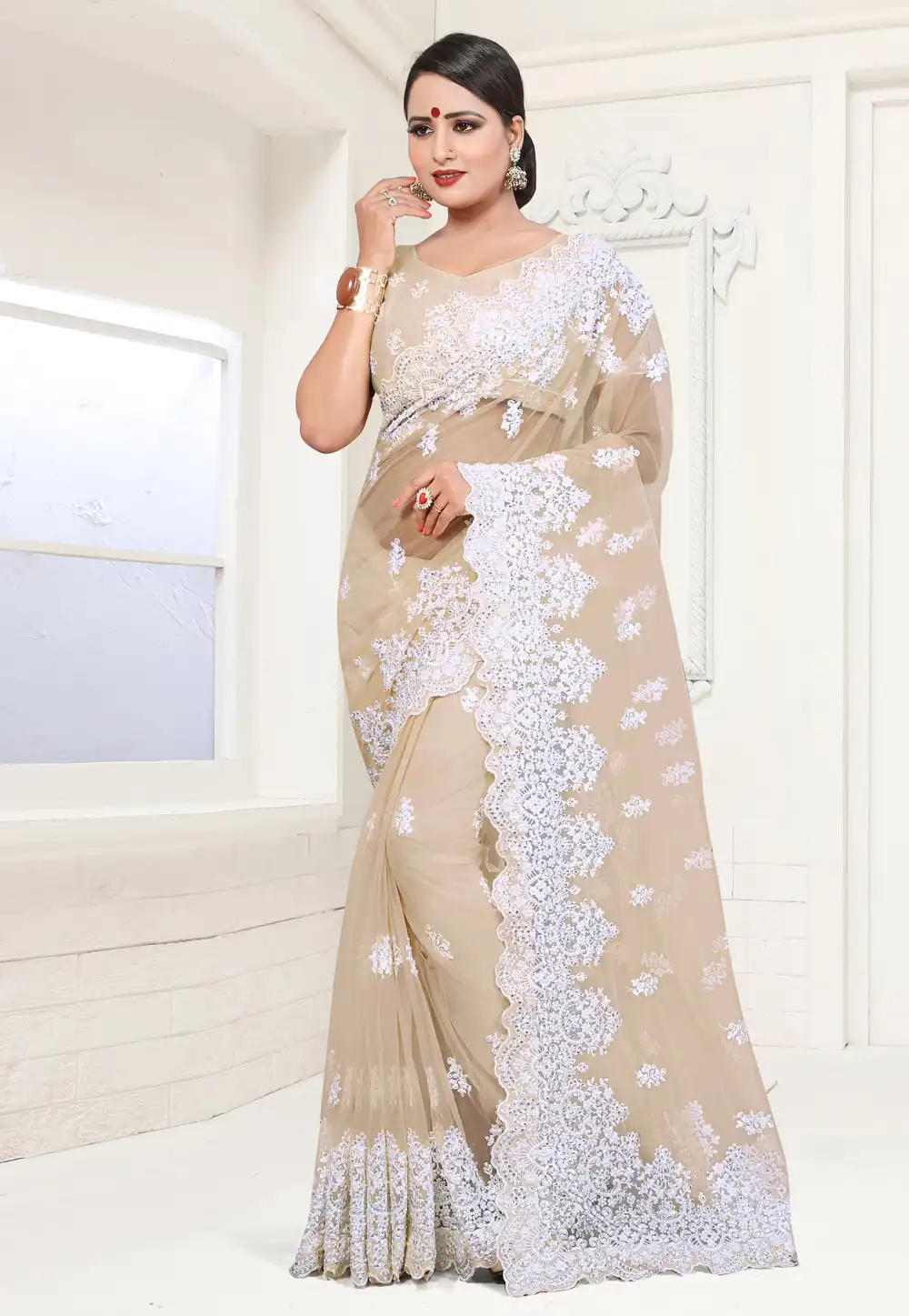 Beige Net Saree With Blouse 186029
