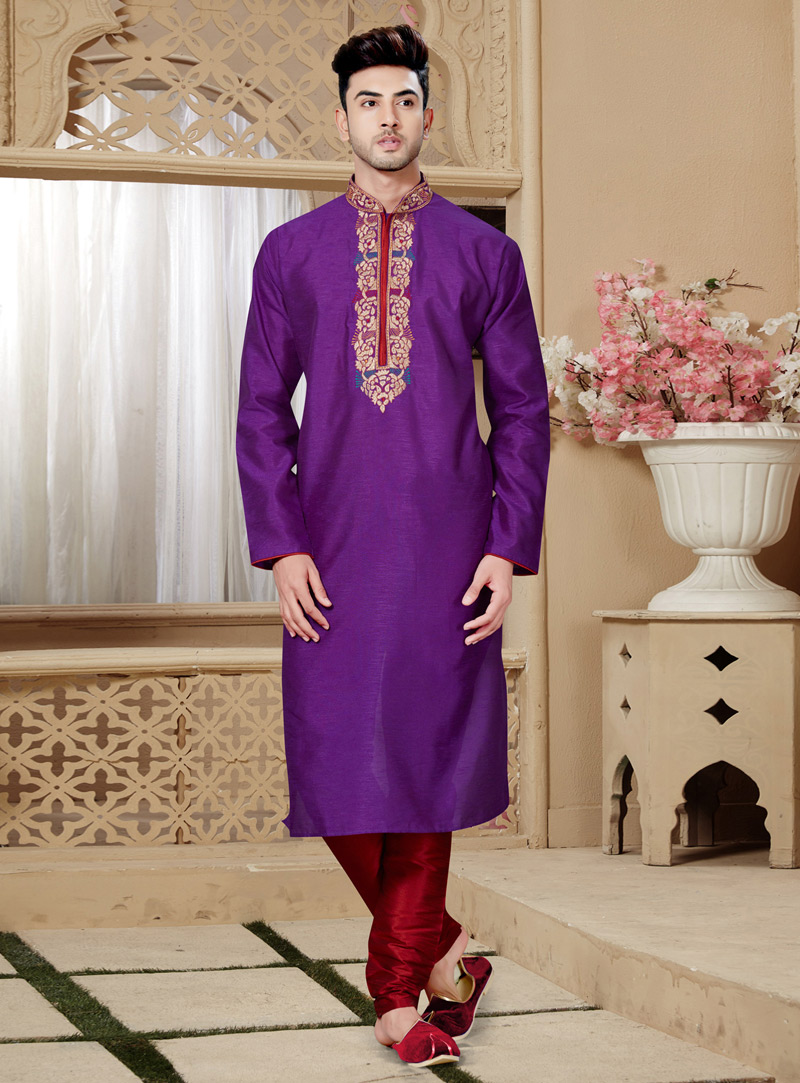 Purple Art Silk Readymade Kurta Pajama 146032