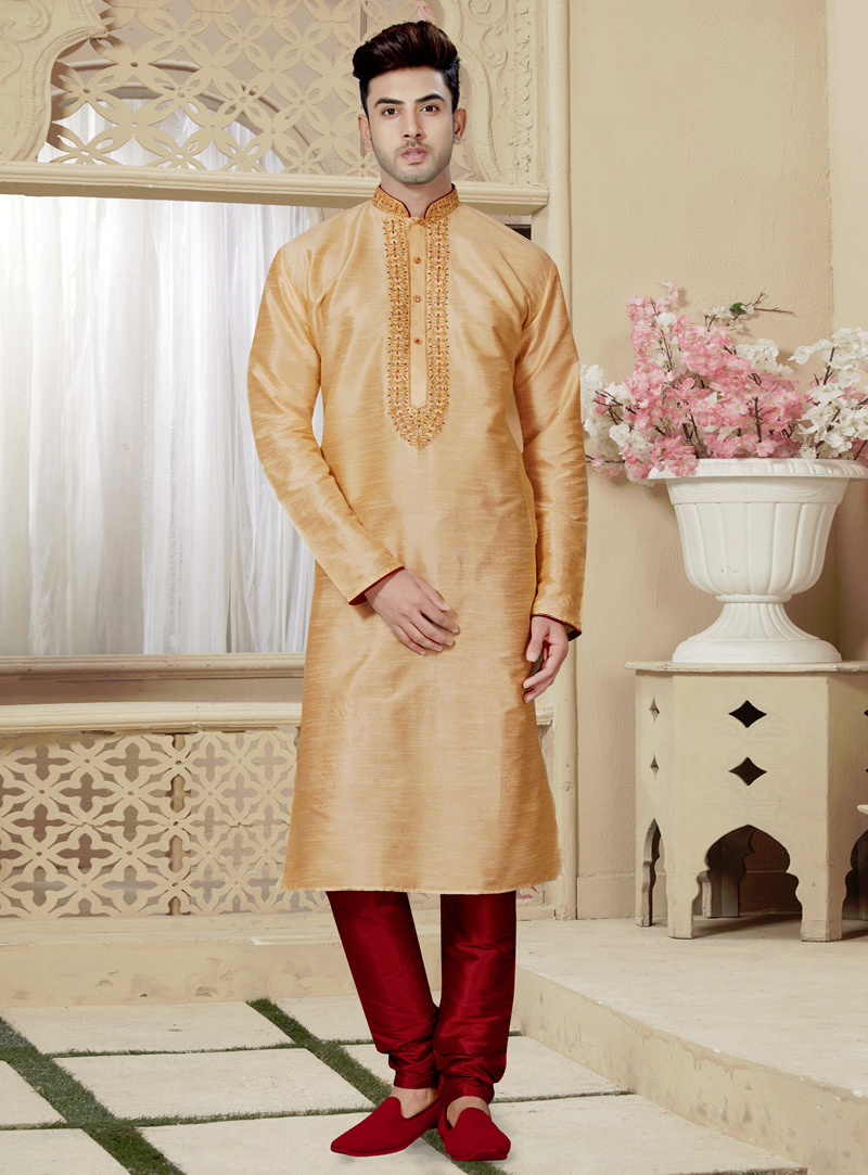 Golden Art Silk Readymade Kurta Pajama 146034