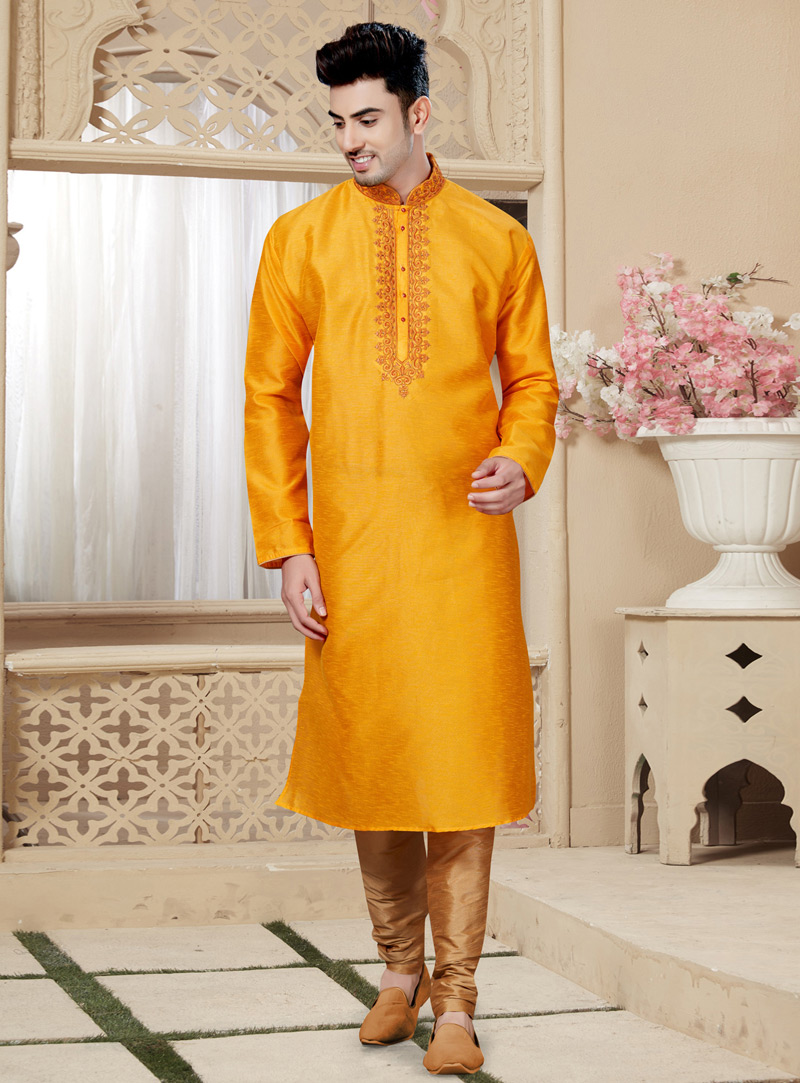 Mustard Art Silk Readymade Kurta Pajama 146038