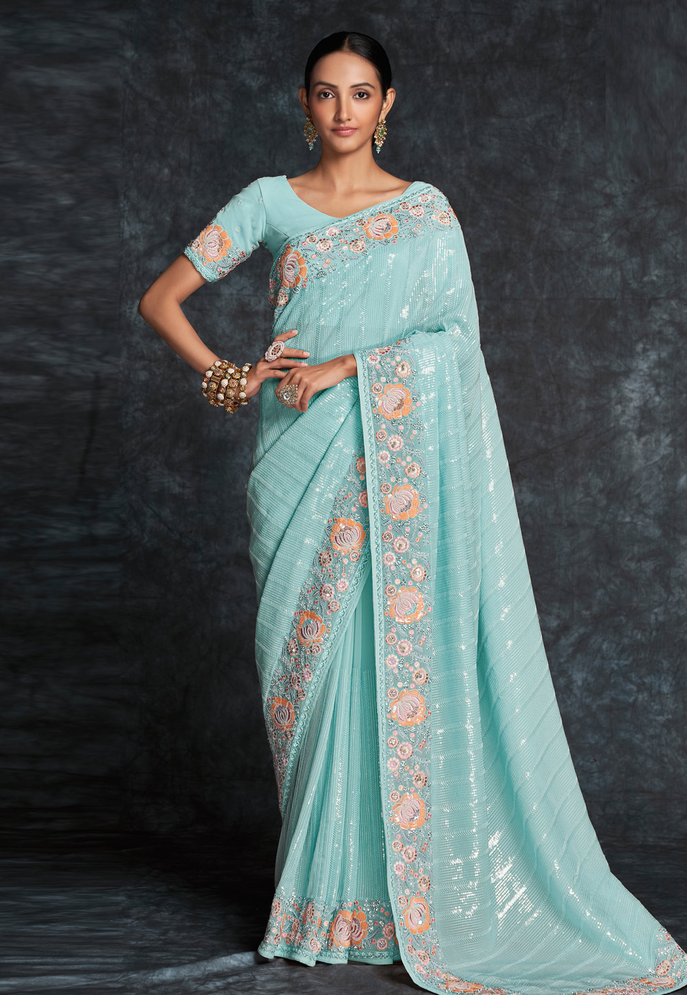 Sky Blue Georgette Sequence Saree 261341