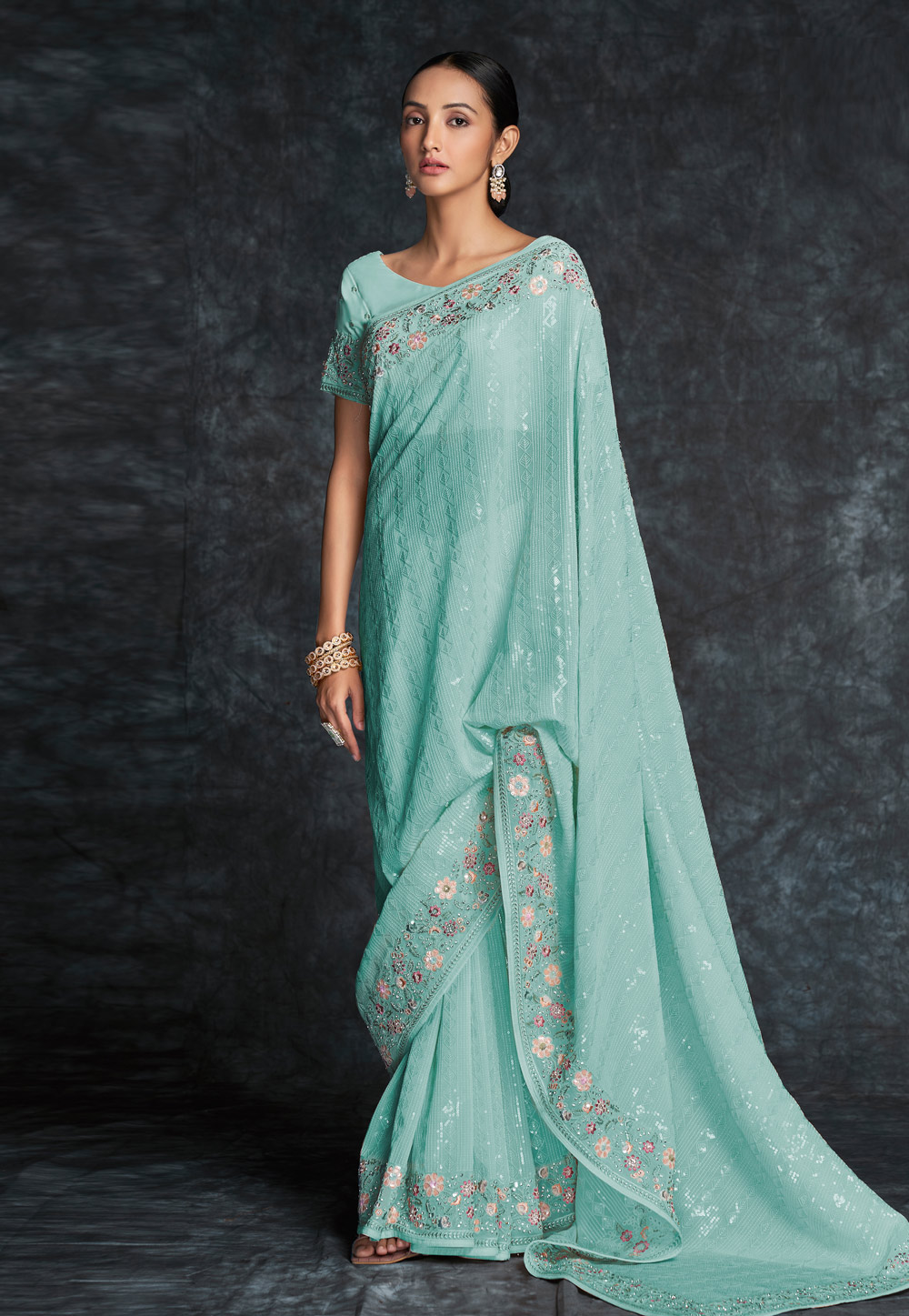 Sky Blue Georgette Sequence Saree 261349