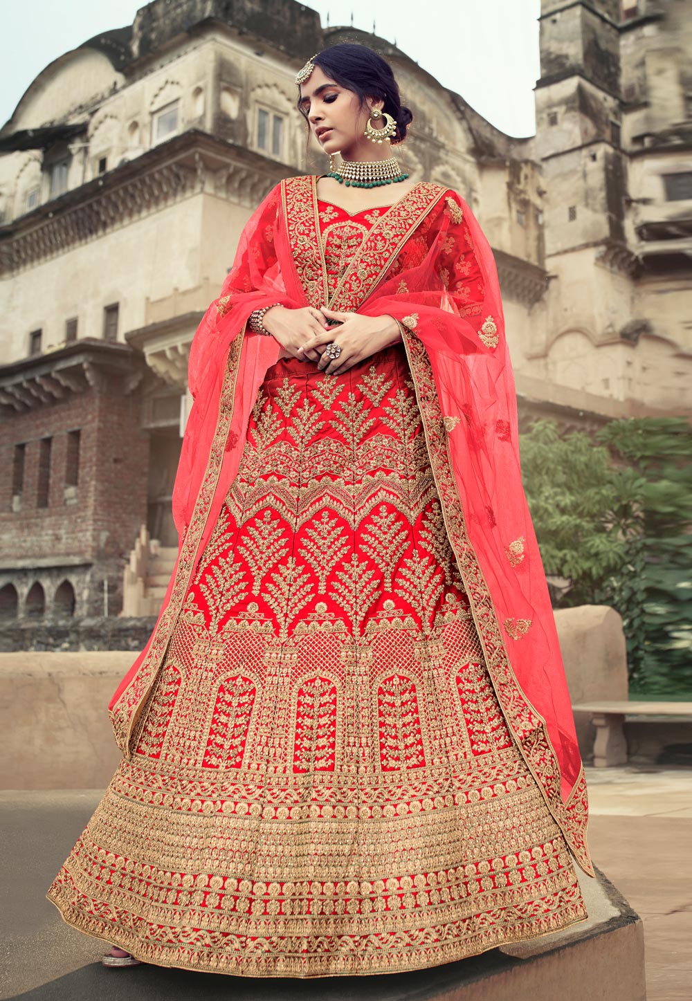 Red Satin A Line Lehenga Choli 238243