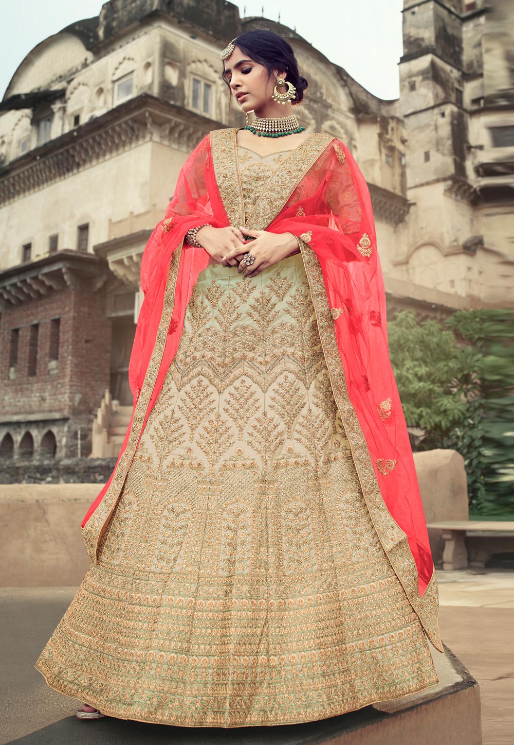 Beige Satin A Line Lehenga Choli 238245