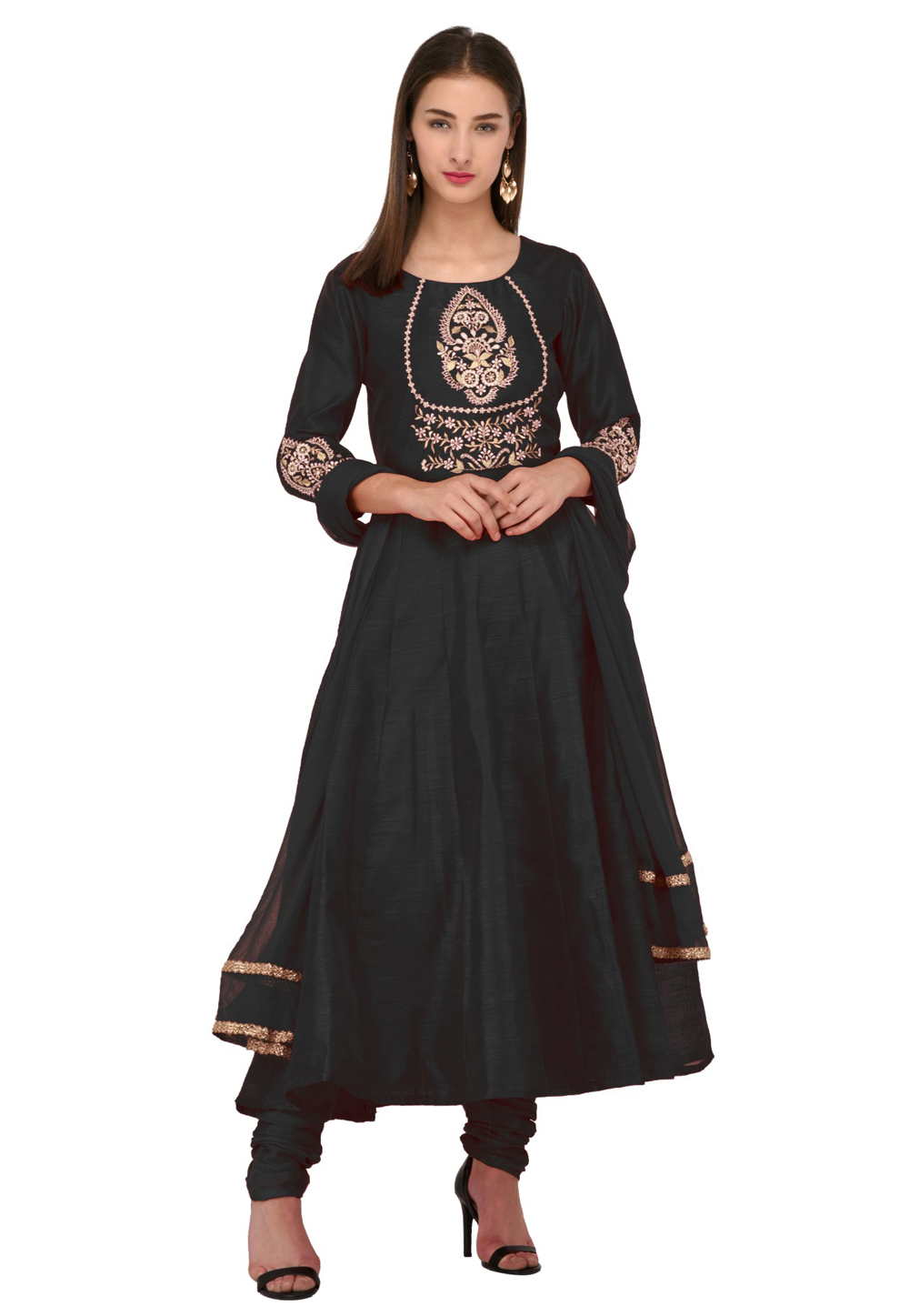 Black Dupion Silk Readymade Anarkali Suit 241128