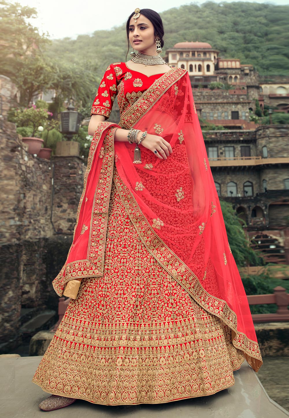 Red Satin A Line Lehenga Choli 238250