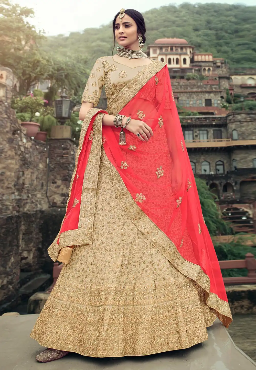 Beige Satin A Line Lehenga Choli 238252