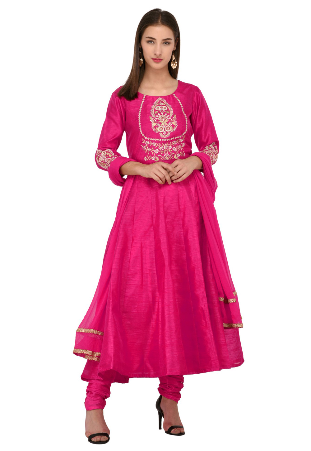 Magenta Dupion Silk Readymade Anarkali Suit 241129