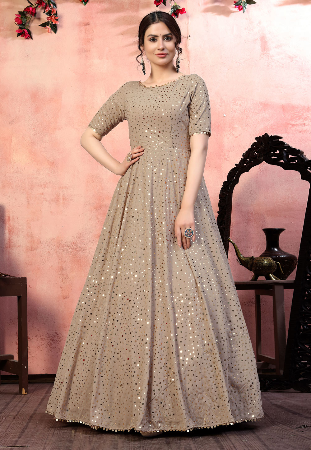 Beige Georgette Party Wear Gown 219185