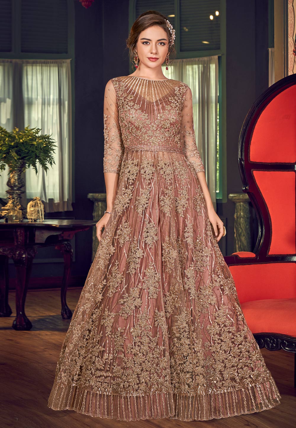 Brown Net Embroidered Long Choli Lehenga 188800