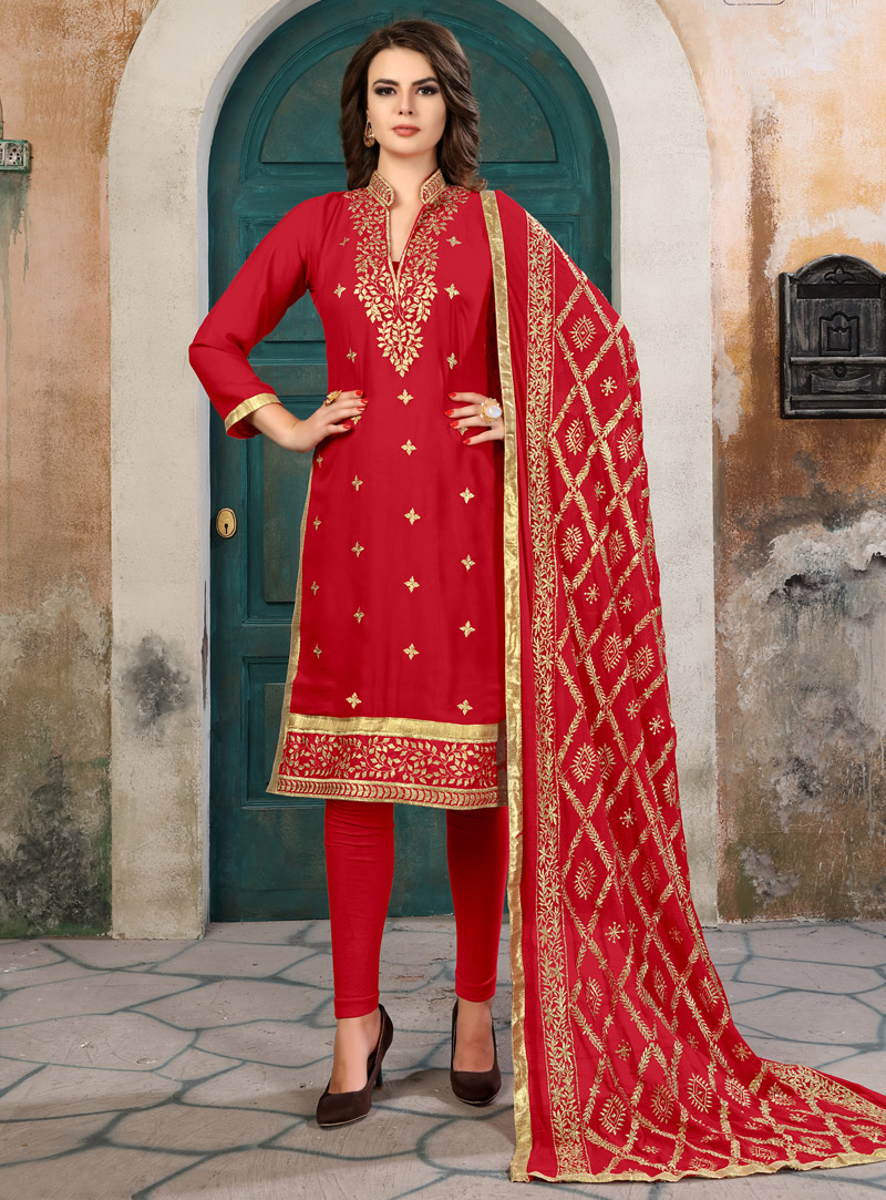 Red Faux Georgette Pakistani Style Suit 129124