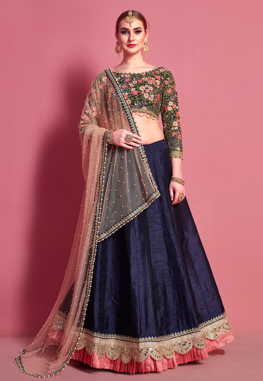 Navy Blue Art Silk Circular Lehenga Choli 217298
