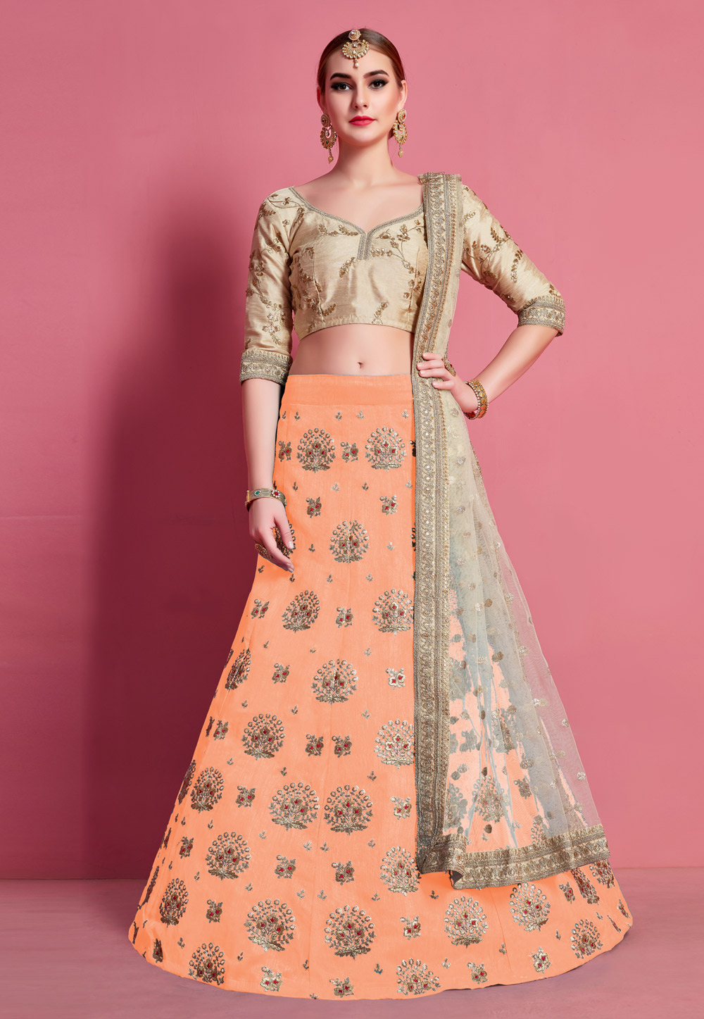 Peach Art Silk Circular Lehenga Choli 217303