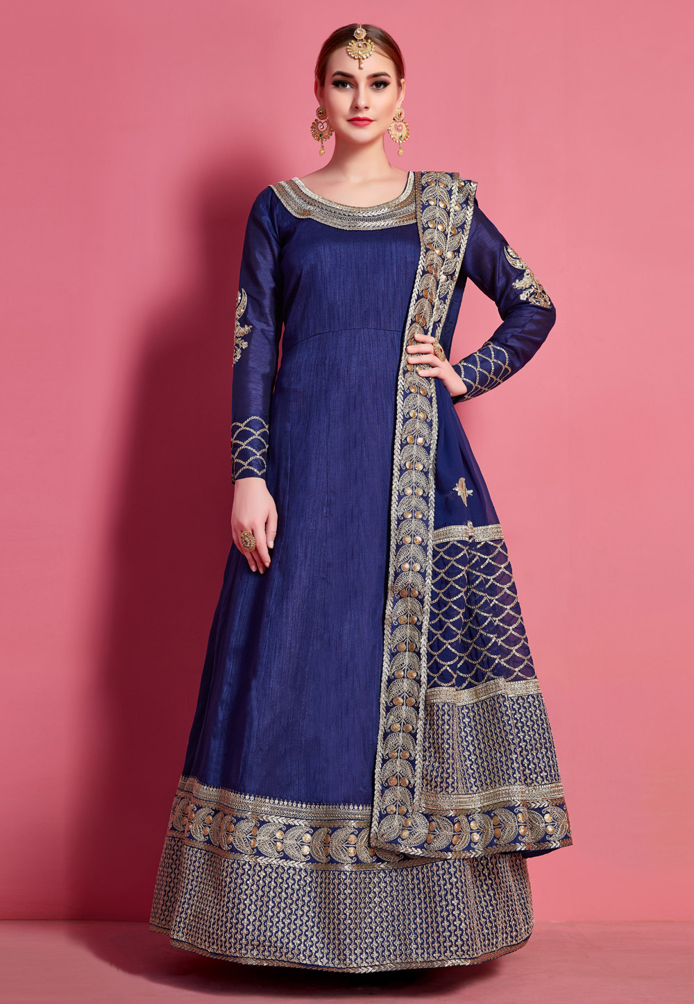 Navy Blue Art Silk Long Anarkali Suit 217304
