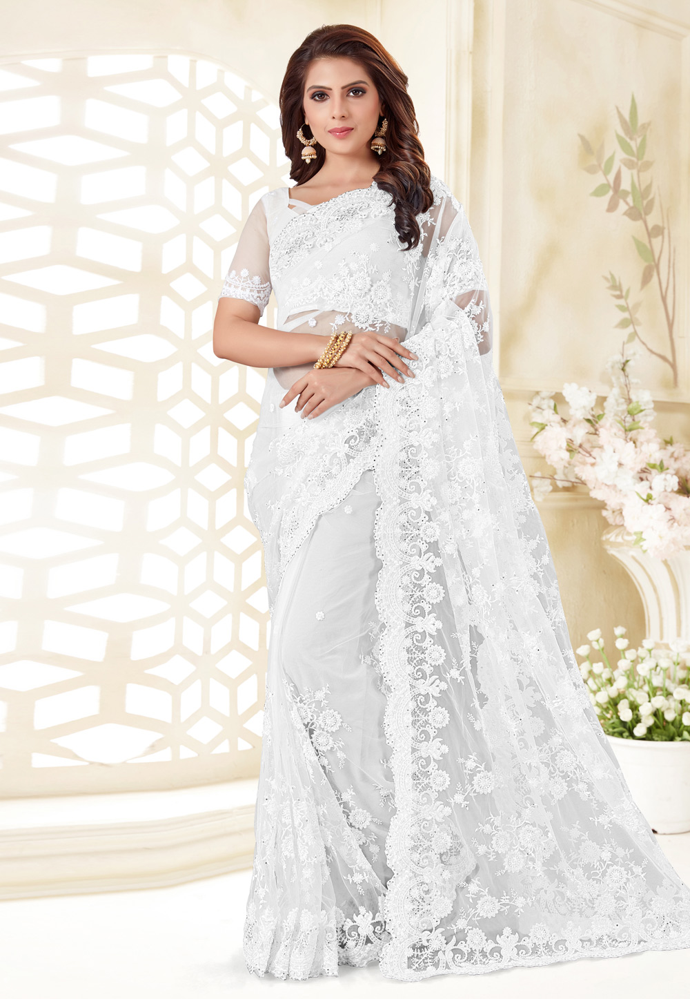 White Net Festival Wear Saree 186952