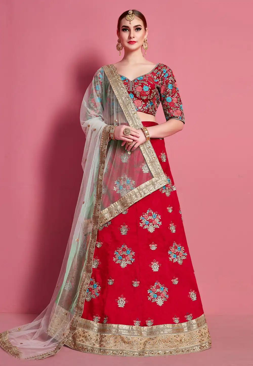 Red Art Silk Circular Lehenga Choli 217309
