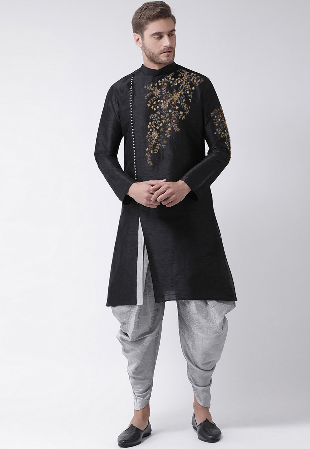 Black Dupion Silk Dhoti Kurta 244241