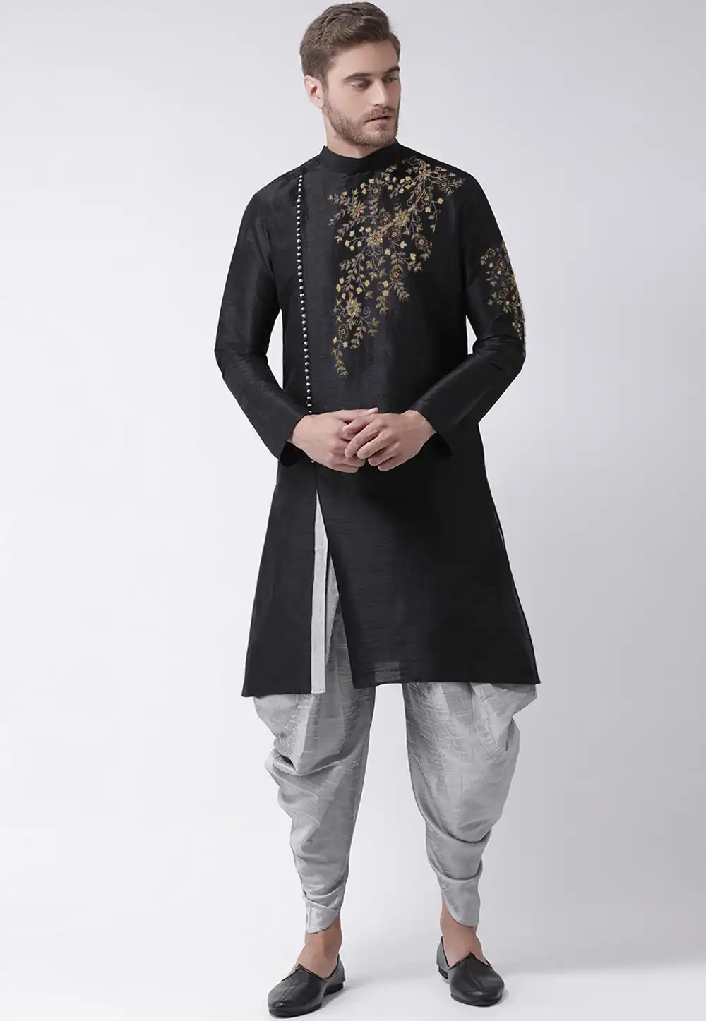 Black Dupion Silk Dhoti Kurta 244241