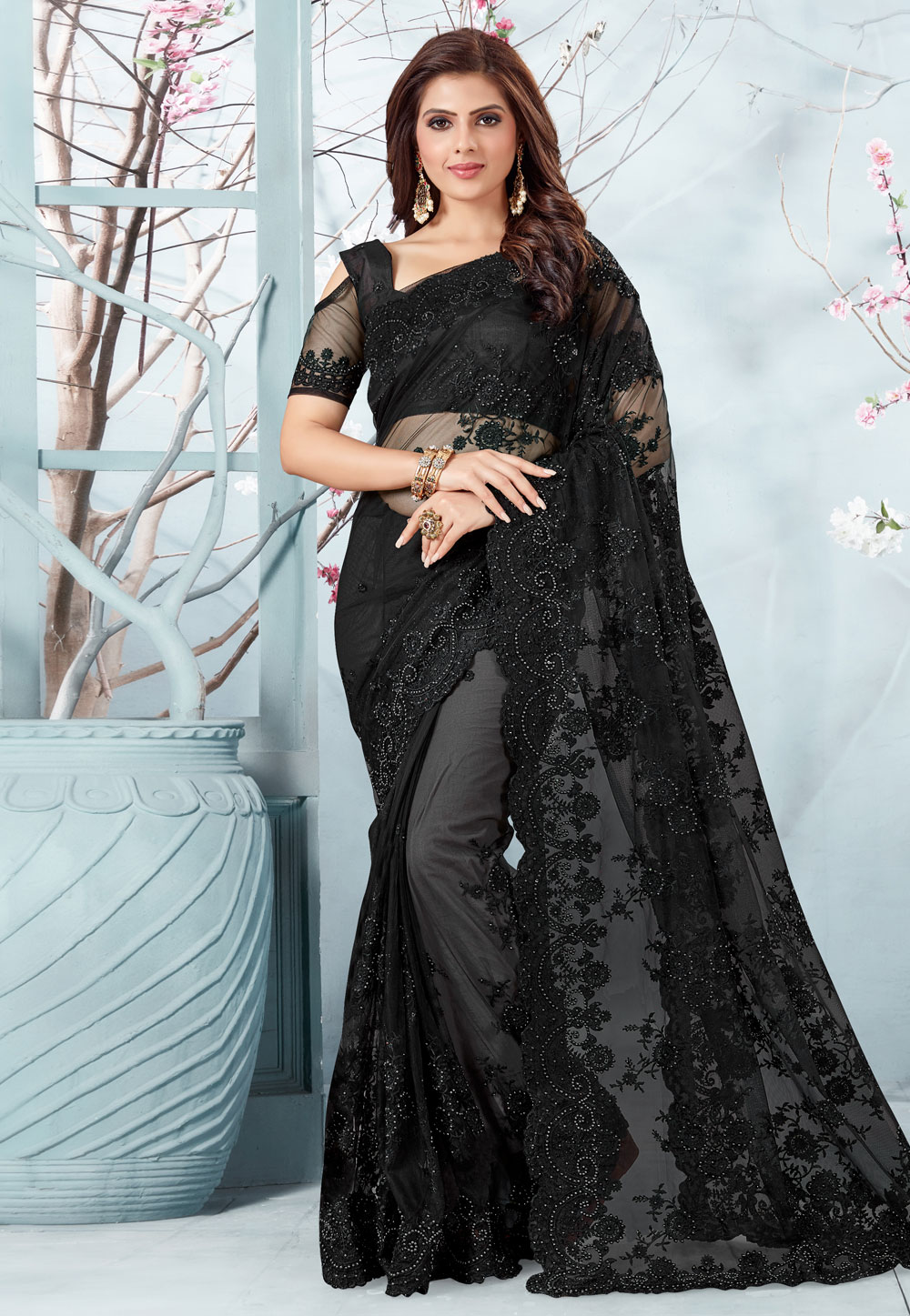 Black Net Festival Wear Saree 186954