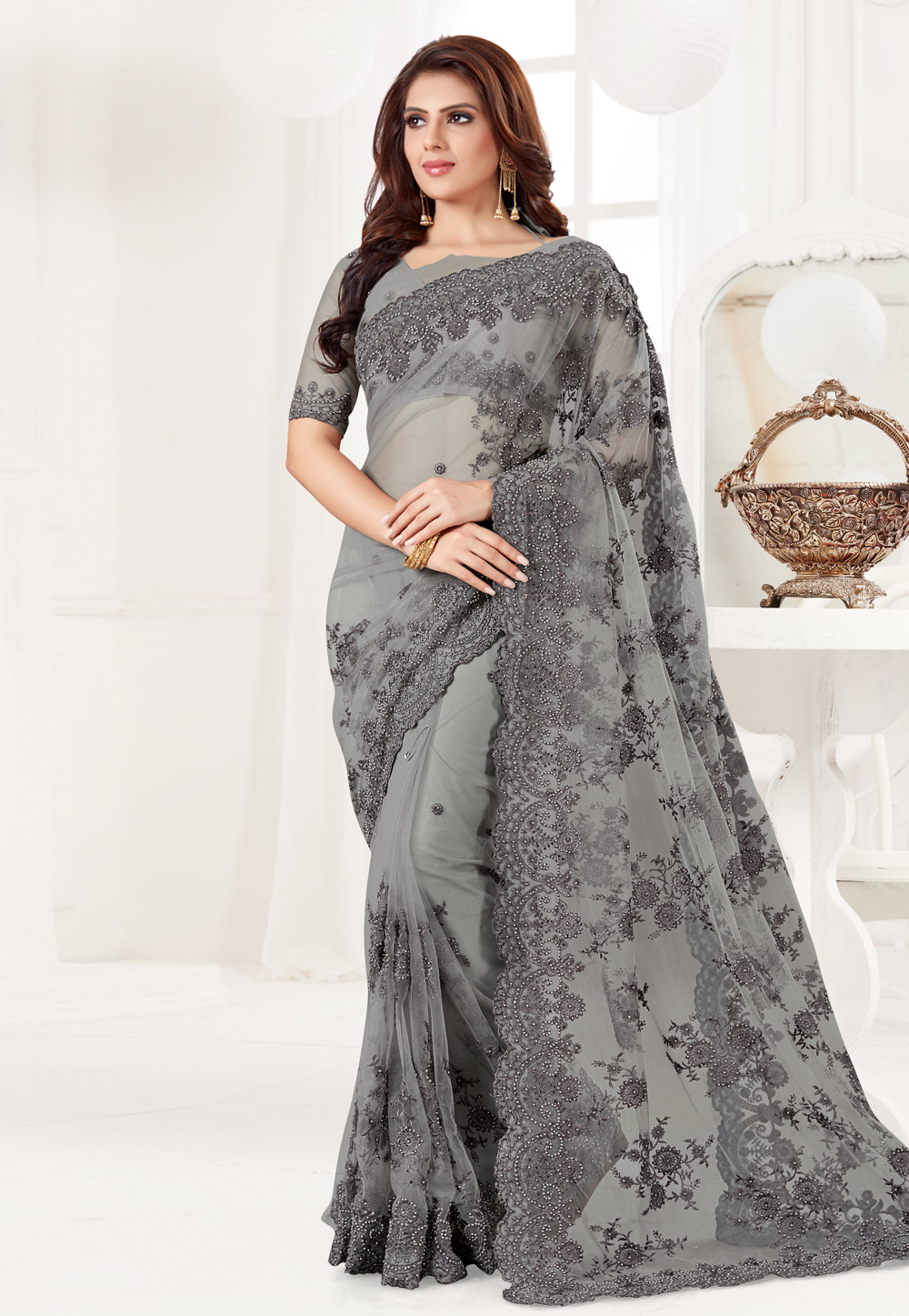 Grey Net Saree With Blouse 186955