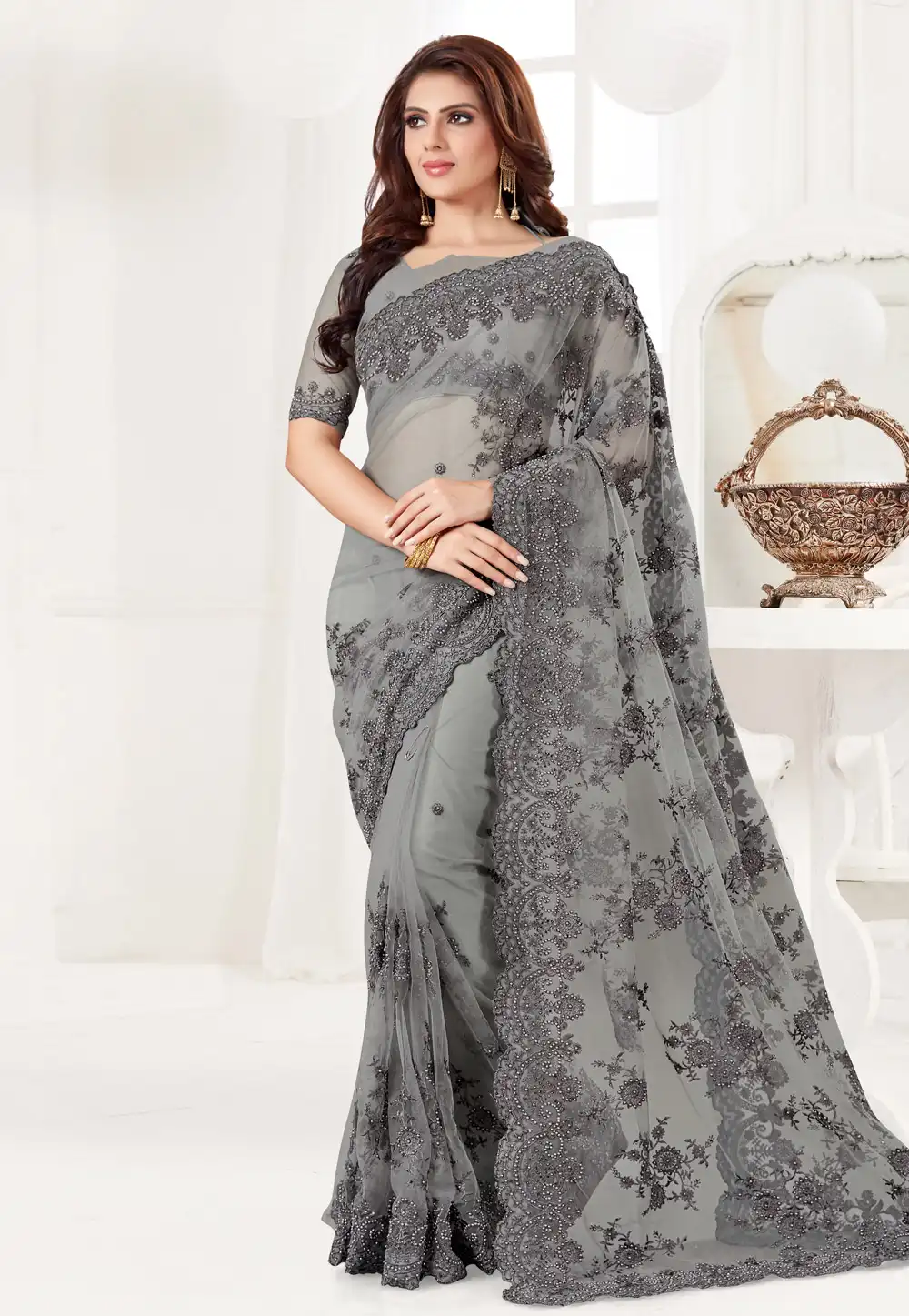 Grey Net Saree With Blouse 186955