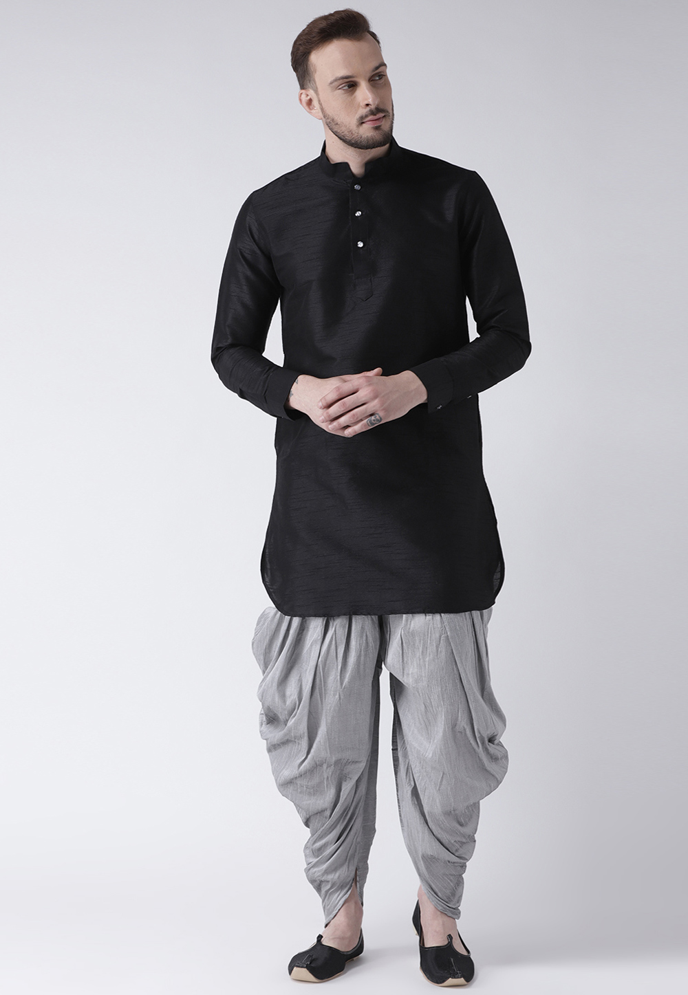 Black Dupion Silk Readymade Dhoti Kurta 188193