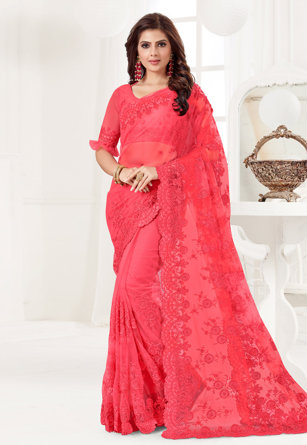 Pink Net Festival Wear Saree 186958