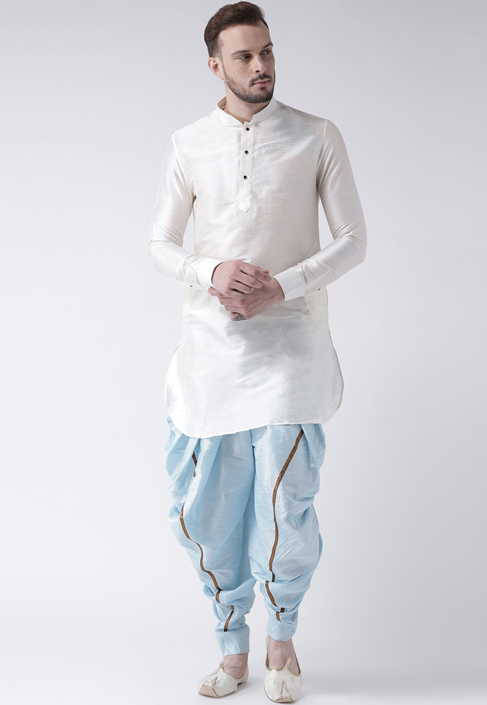Off White Dupion Silk Readymade Dhoti Kurta 188194