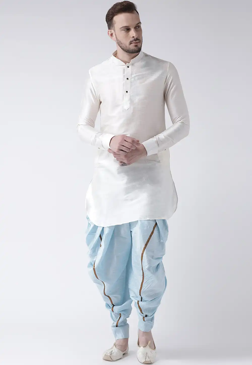 Off White Dupion Silk Readymade Dhoti Kurta 188194