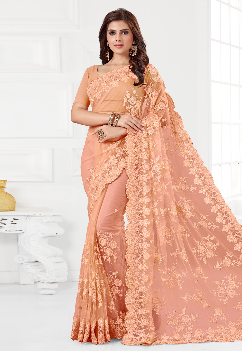 Peach Net Festival Wear Saree 186960