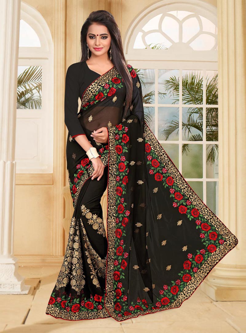 Black Georgette Embroidery Work Saree 77795