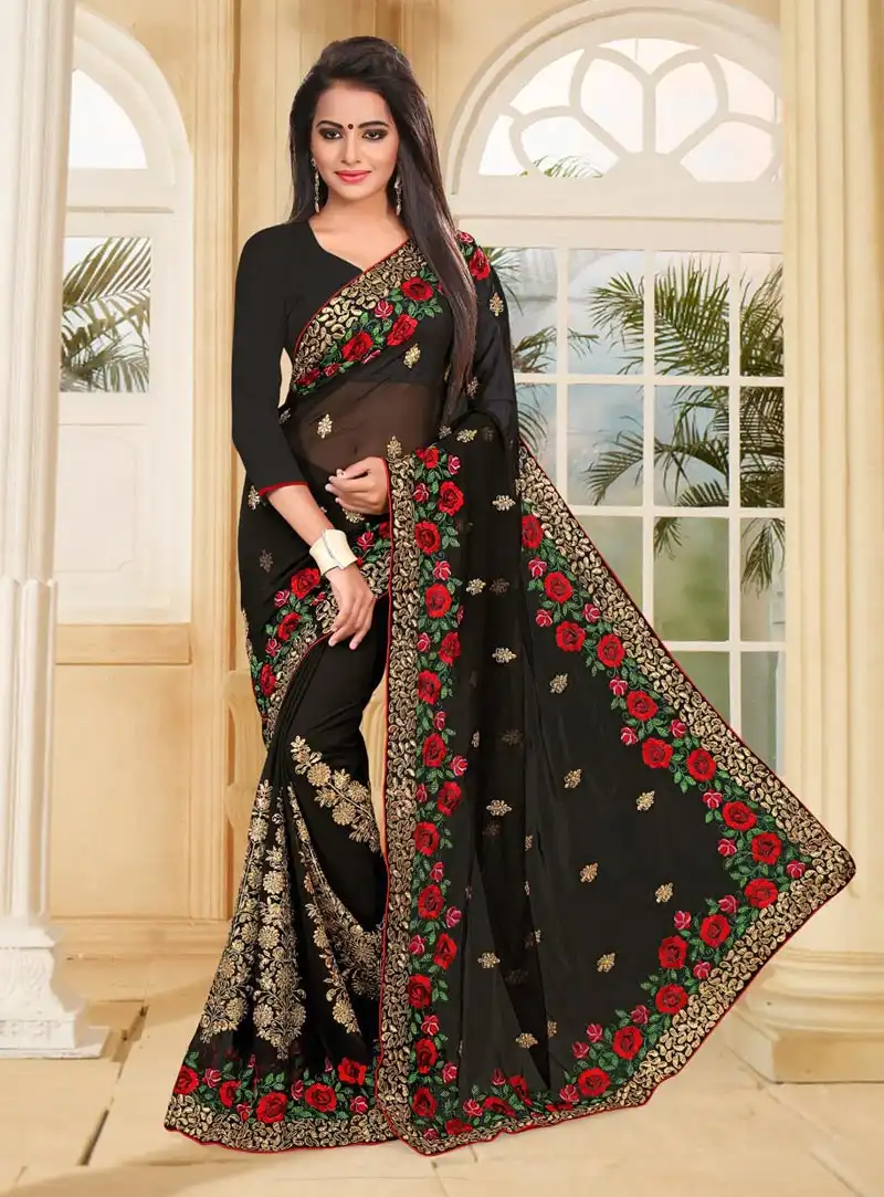 Black Georgette Embroidery Work Saree 77795