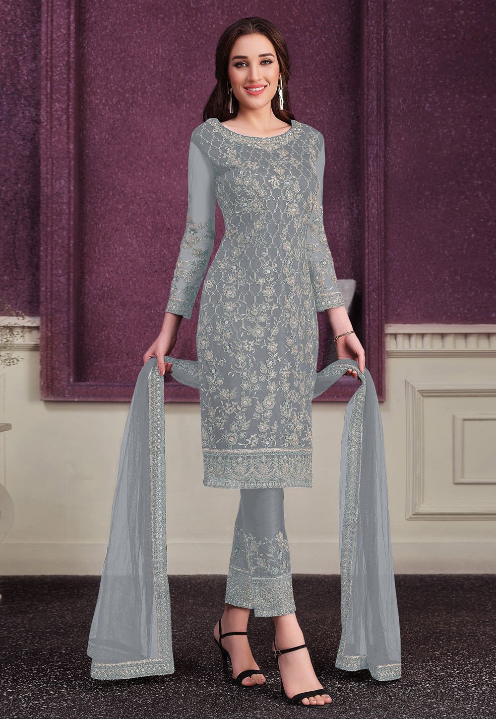 Grey Attractive Looking Readymade Pant Suit With Designer Printed Embroidery Work