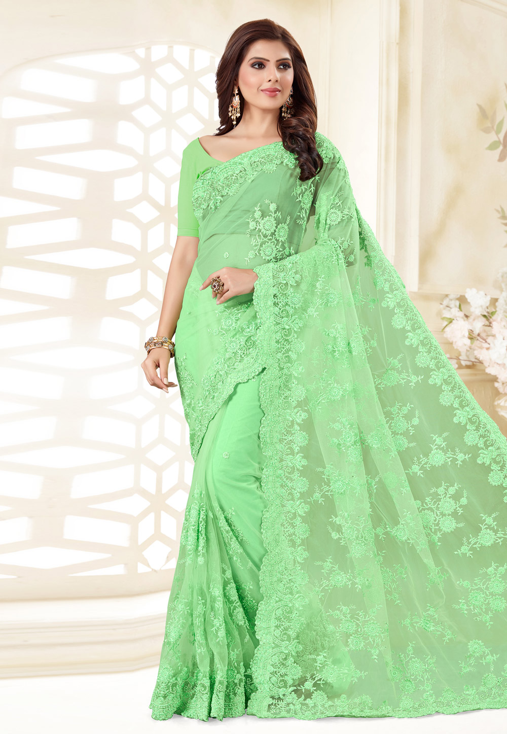 Light Green Net Saree With Blouse 186961