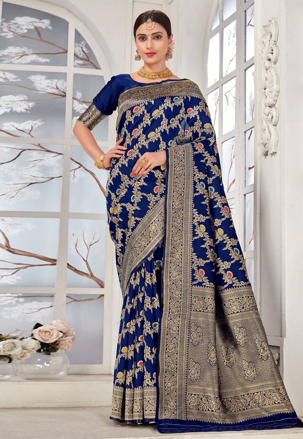 Navy Blue Banarasi Silk Saree 248283