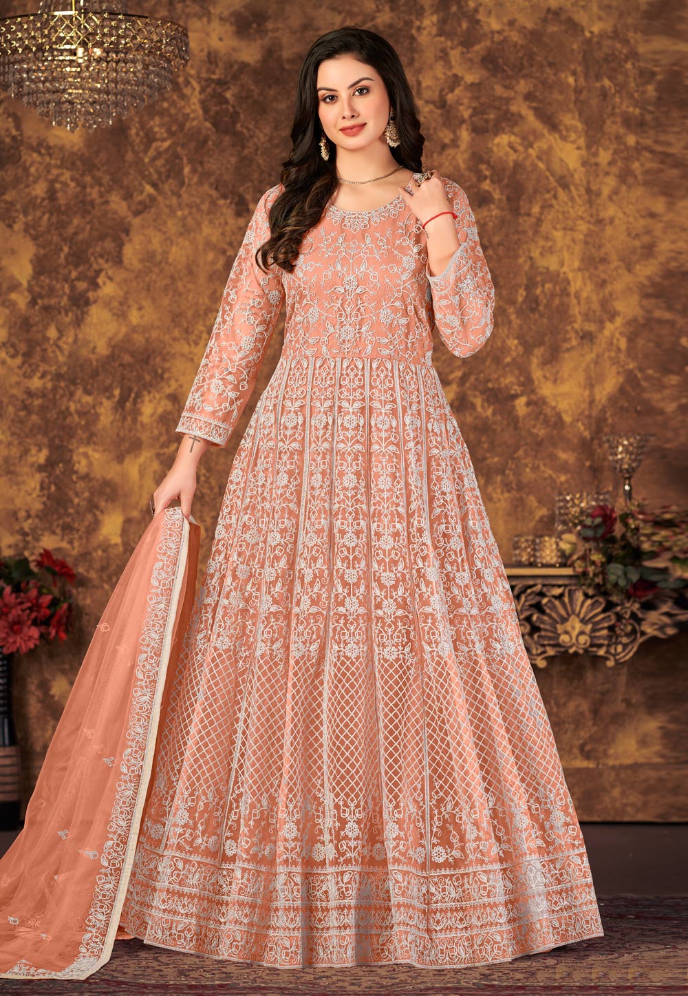 Peach Net Long Anarkali Suit 252133