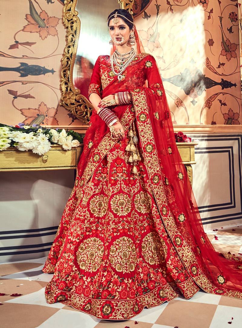 Red Satin Bridal Lehenga Choli 146957
