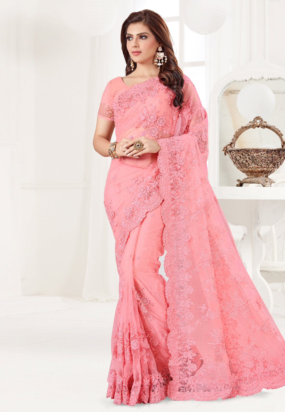 Pink Net Festival Wear Saree 186962