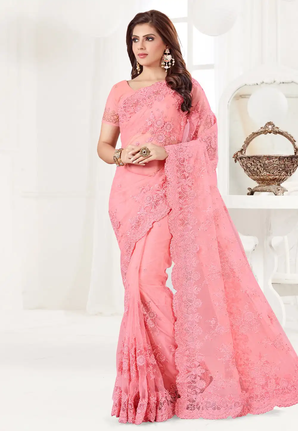 Pink Net Festival Wear Saree 186962