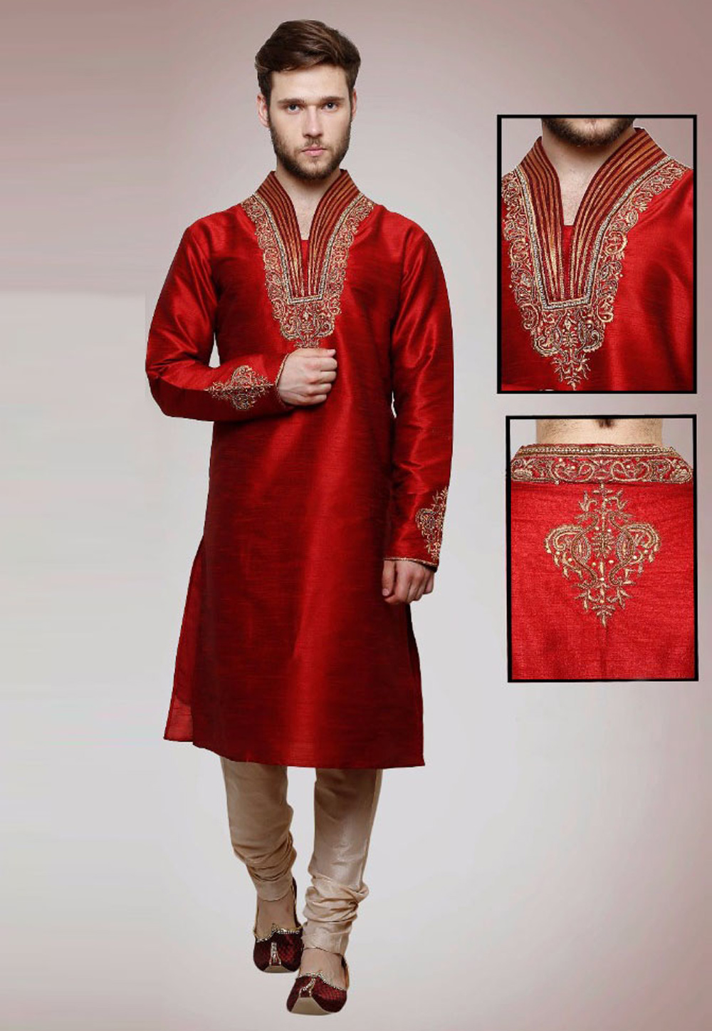 Maroon Dupion Silk Readymade Kurta Pajama 188198