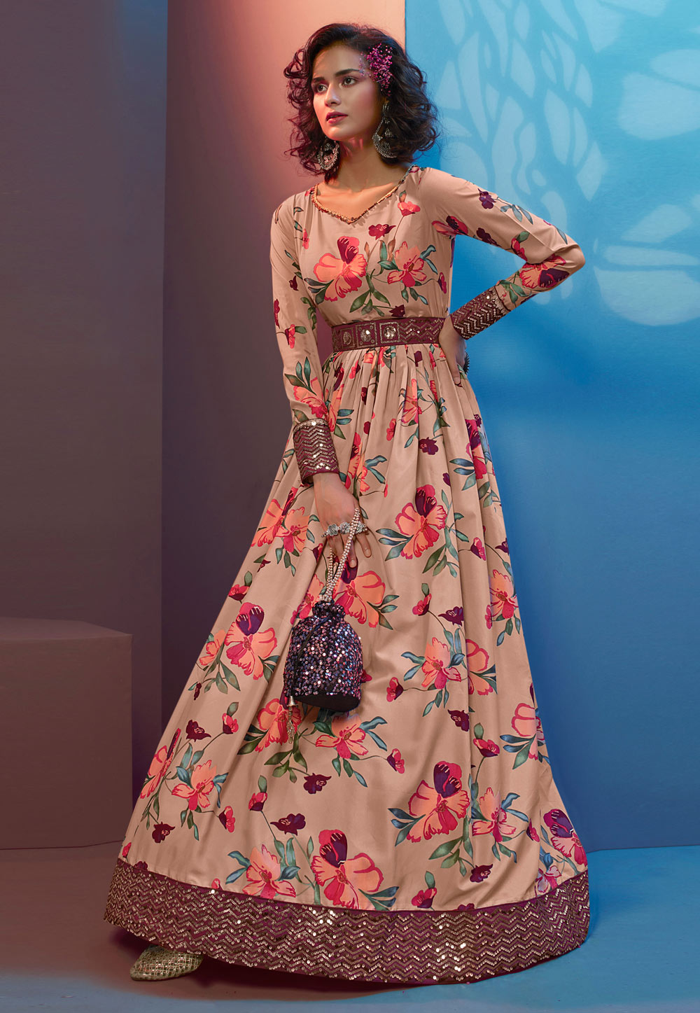 Peach Crepe Party Wear Gown 242656