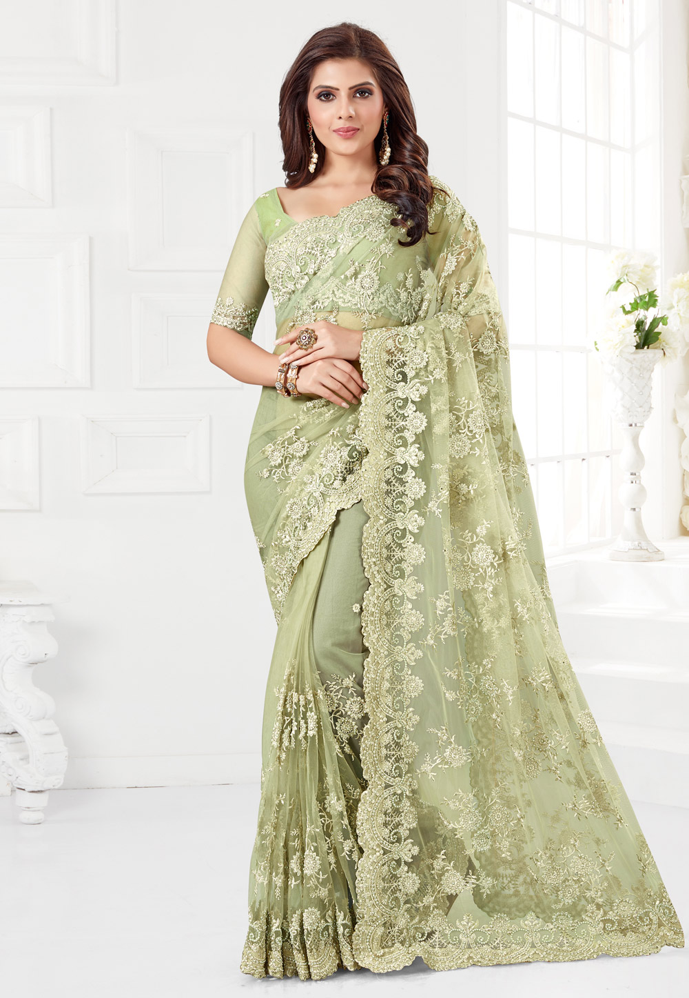 Pista Green Net Festival Wear Saree 186964