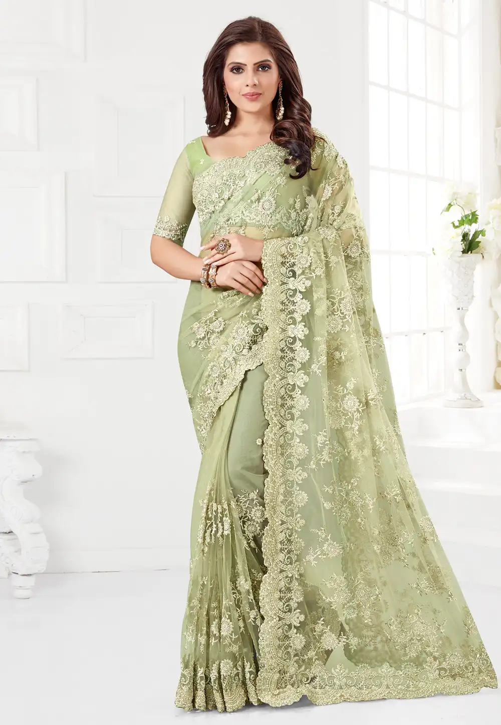 Pista Green Net Festival Wear Saree 186964