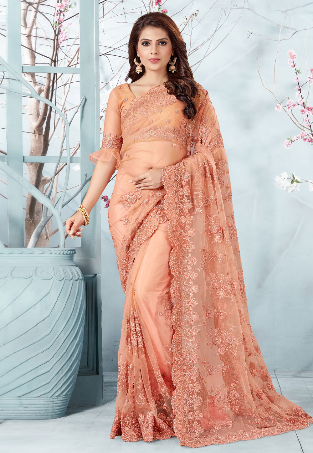 Peach Net Saree With Blouse 186965