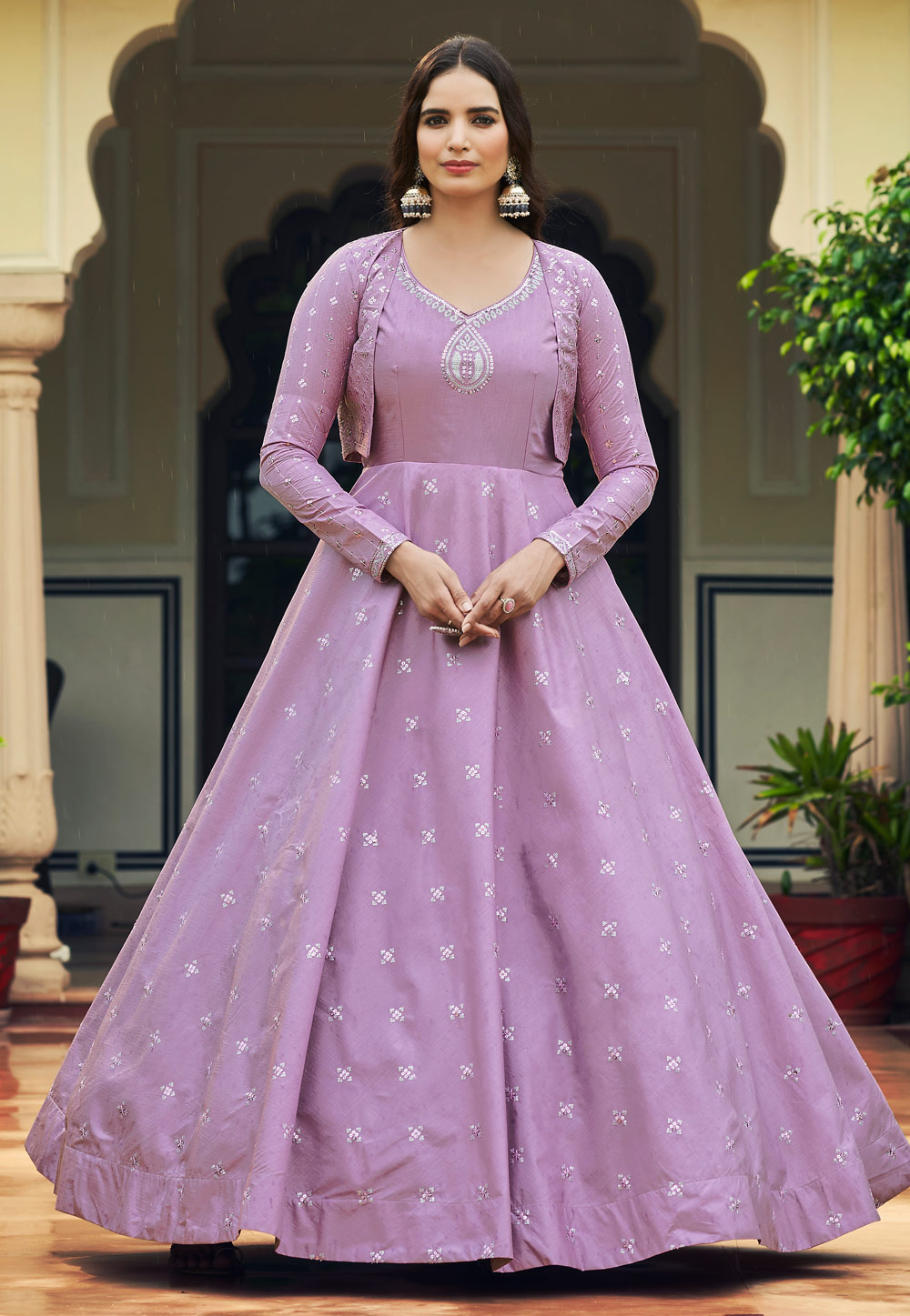 Light Purple Cotton Gown With Jacket 249592