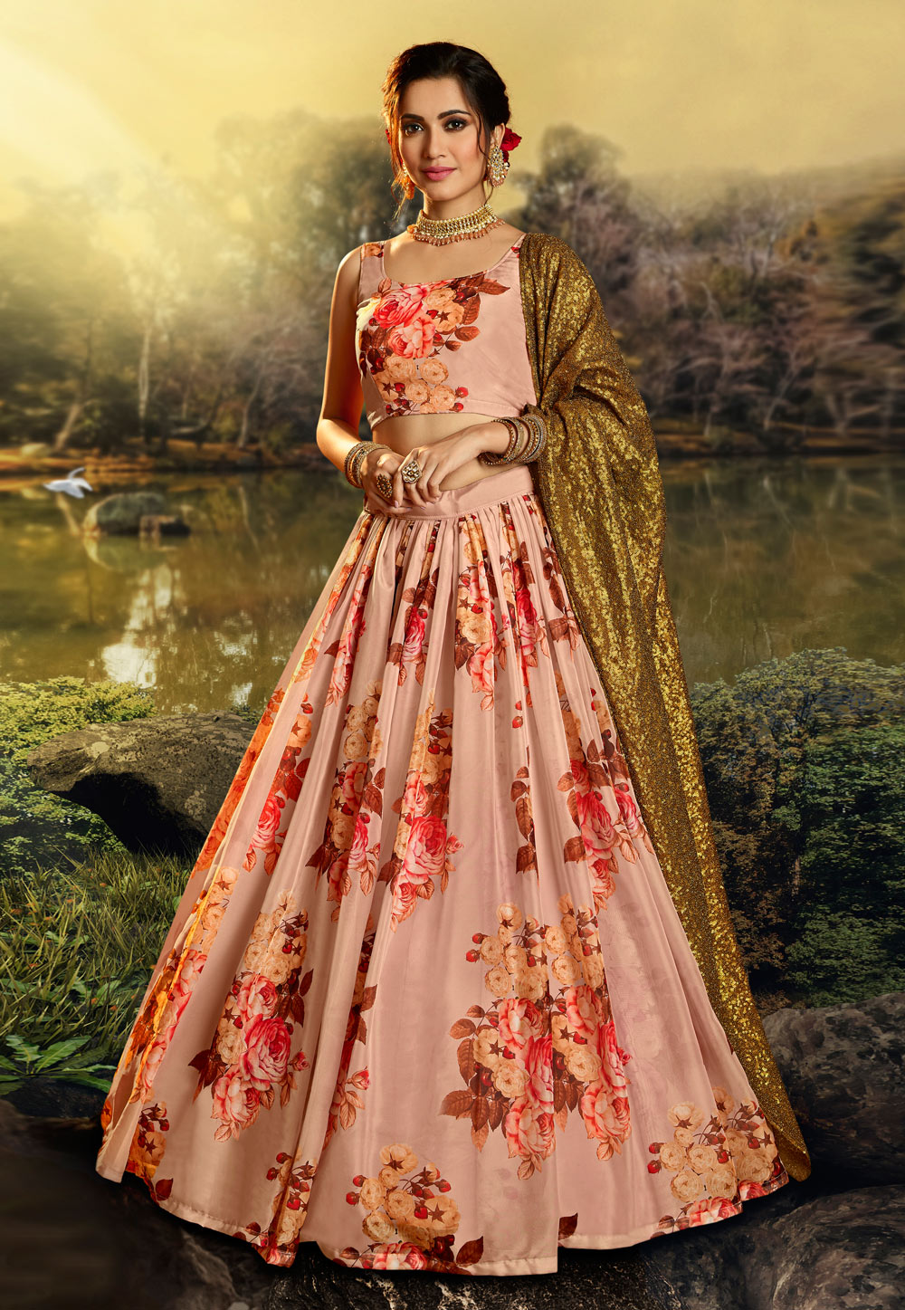 Peach Organza Circular Lehenga Choli 210970