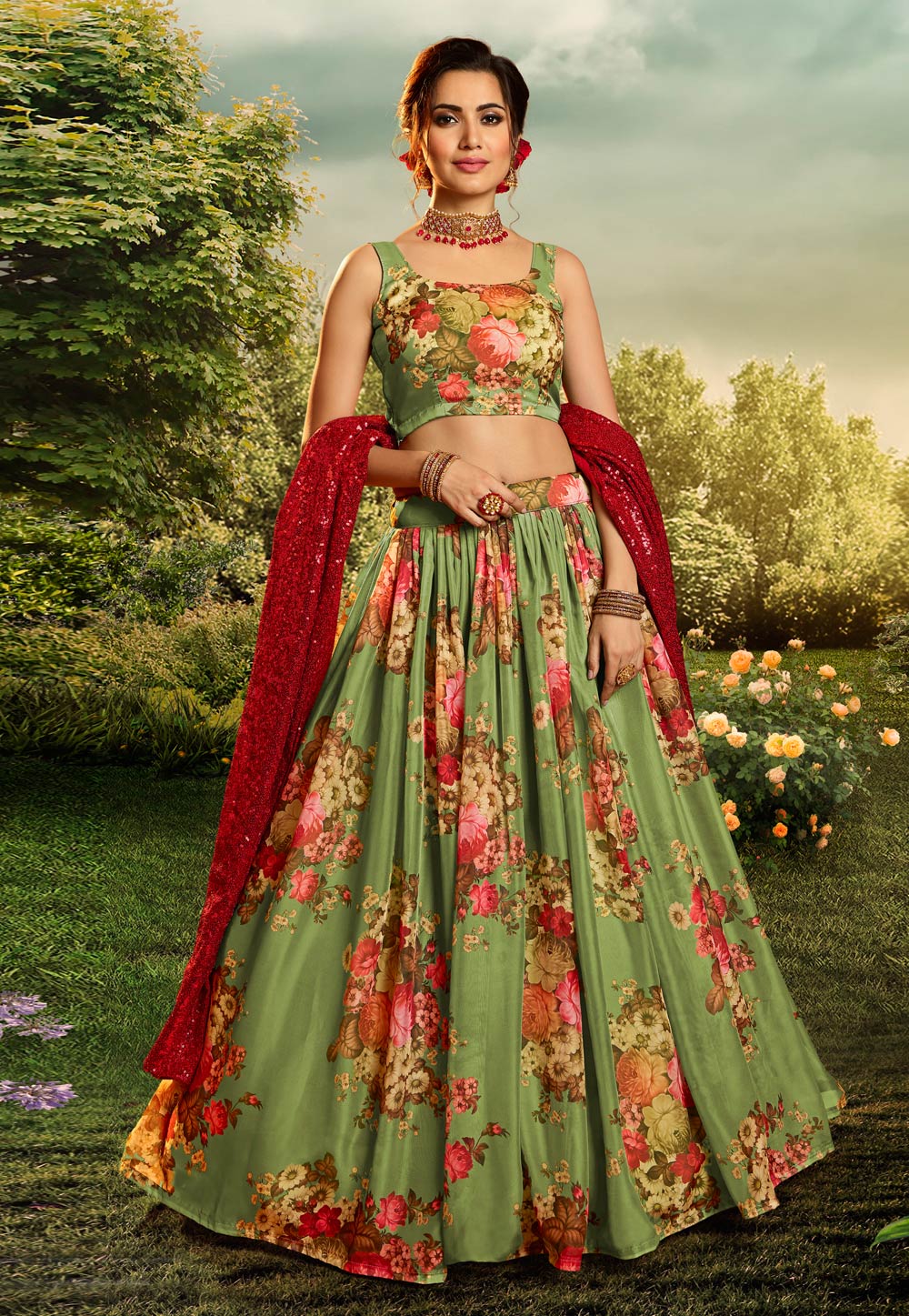 Green Organza Circular Lehenga Choli 210971