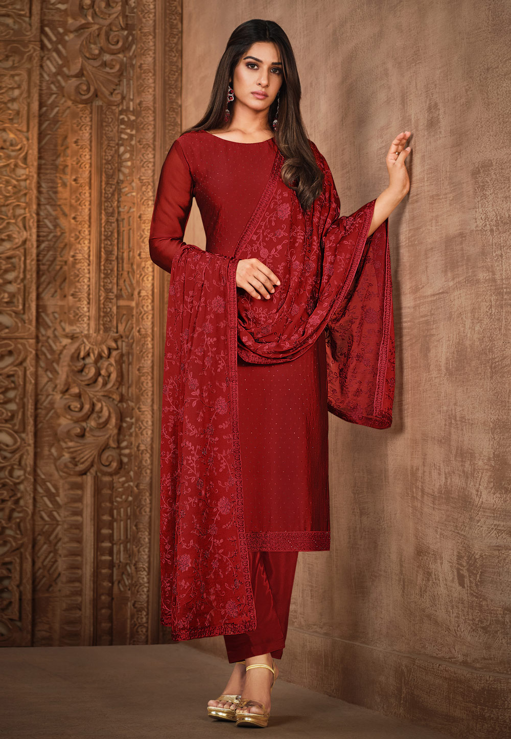 Maroon Georgette Straight Suit 273556